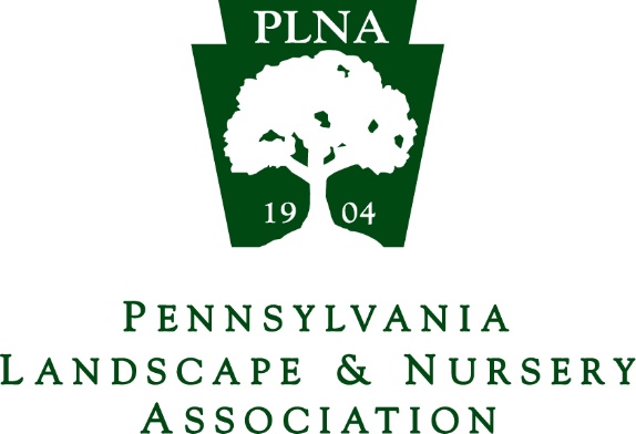 Green logo of the Pennsylvania Landscape & Nursery Association with a tree silhouette inside a keystone shape, PLNA above, 1904 below, and the full association name written underneath.