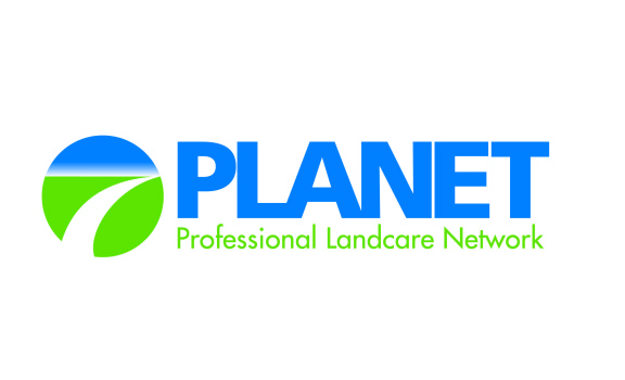 Logo for PLANET, Professional Landcare Network. The image features a green and blue circular graphic resembling a landscape next to bold blue text PLANET and smaller green text Professional Landcare Network..