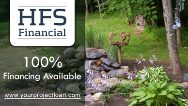 HFS Financial ad stating 100% Financing Available over a garden scene with plants, rocks, and a birdbath. Website shown: www.yourprojectloan.com.